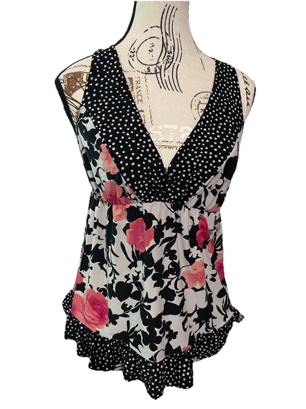 Vtg California Dynasty Babydoll Chemise Top XS Polka Dot Floral Coquette Y2K